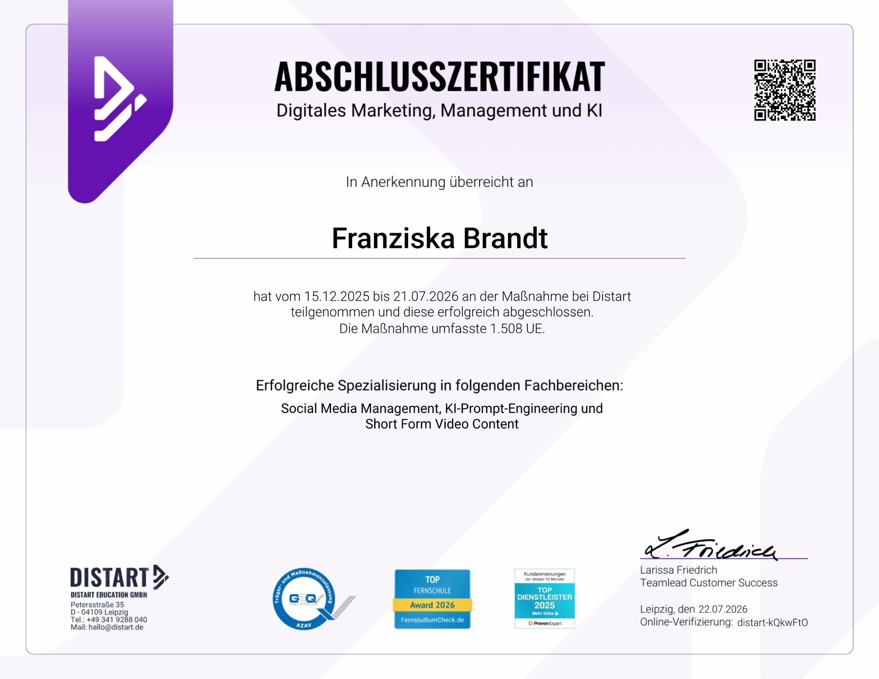 Abschlusszertifikat Digitales Marketing, Management und KI von DISTART, ausgestellt an Franziska Brandt